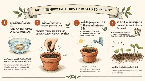 Guide to growing herbs from seed to harvest: 1) soak the whole medal in water until soft, 2) crumble it into the pot's soil, covering about 1 cm deep, 3) water it regularly, keeping it in direct or dappled sunlight, 4) wait 5–10 days for sprouts to appear