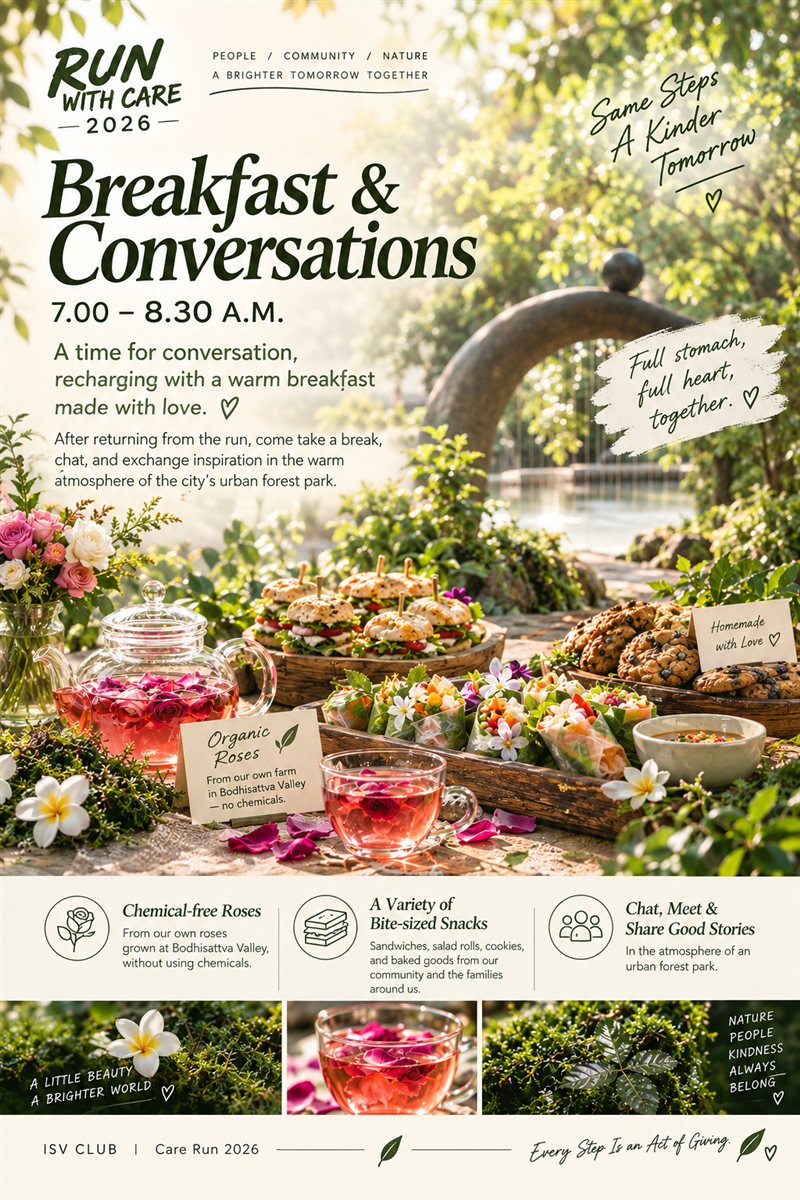Breakfast & Conversations poster — 7:00-8:30am, a heartwarming breakfast of Bulgarian rose tea, sandwiches and spring rolls in the garden at Sathira-Dhammasathan