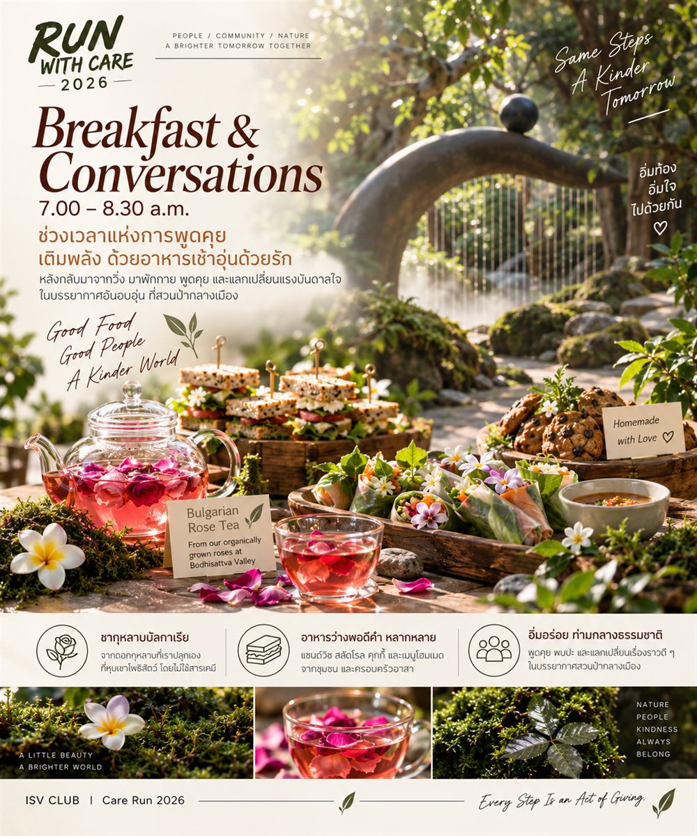 โปสเตอร์ Breakfast & Conversations — เวลา 7.00-8.30 น. อาหารเช้าอุ่นด้วยรักในสวนที่เสถียรธรรมสถาน