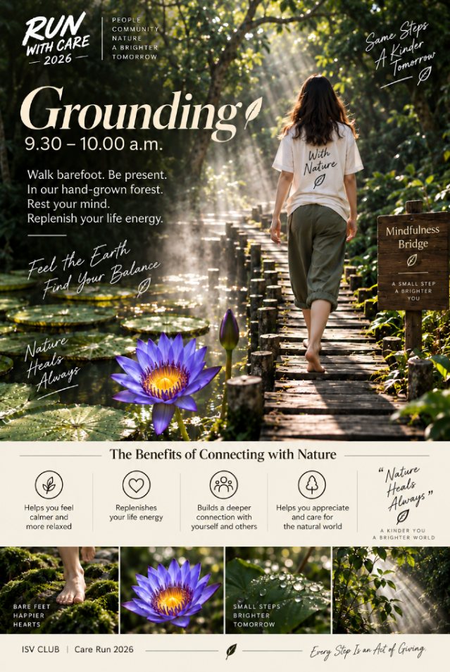 Grounding poster — 9:30-10:00am, walking barefoot and mindfully across the Mindfulness Bridge in the garden