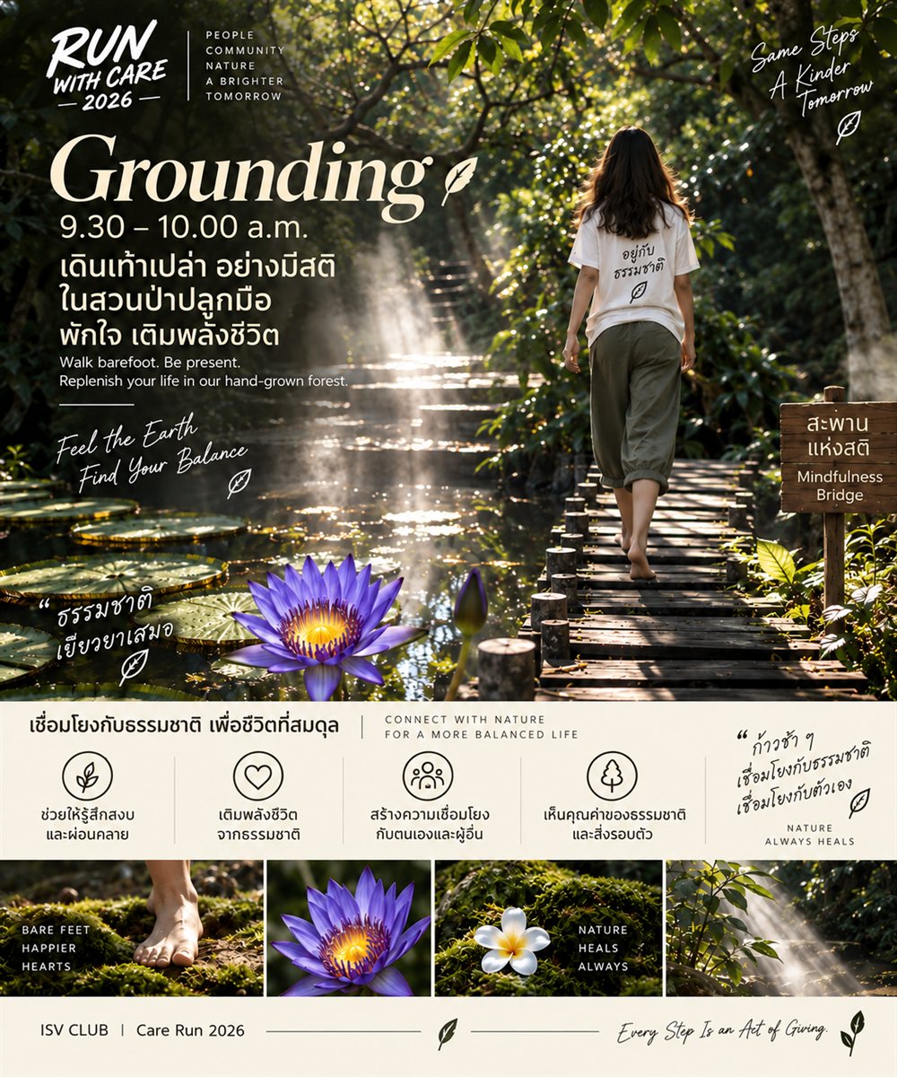 โปสเตอร์ Grounding — เวลา 9.30-10.00 น. เดินเท้าเปล่าอย่างมีสติข้ามสะพานแห่งสติในสวน