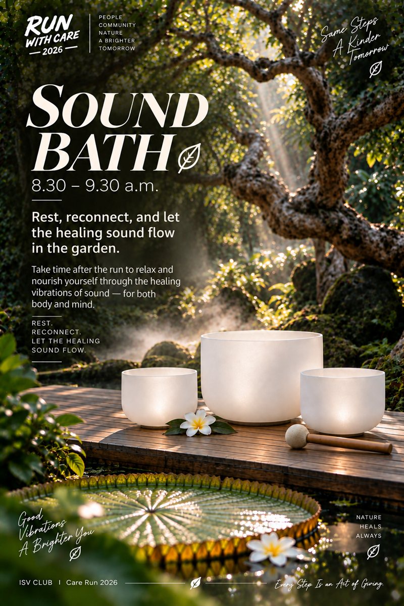 Sound Bath poster — 8:30-9:30am, resting deeply with healing sound bowls in the garden