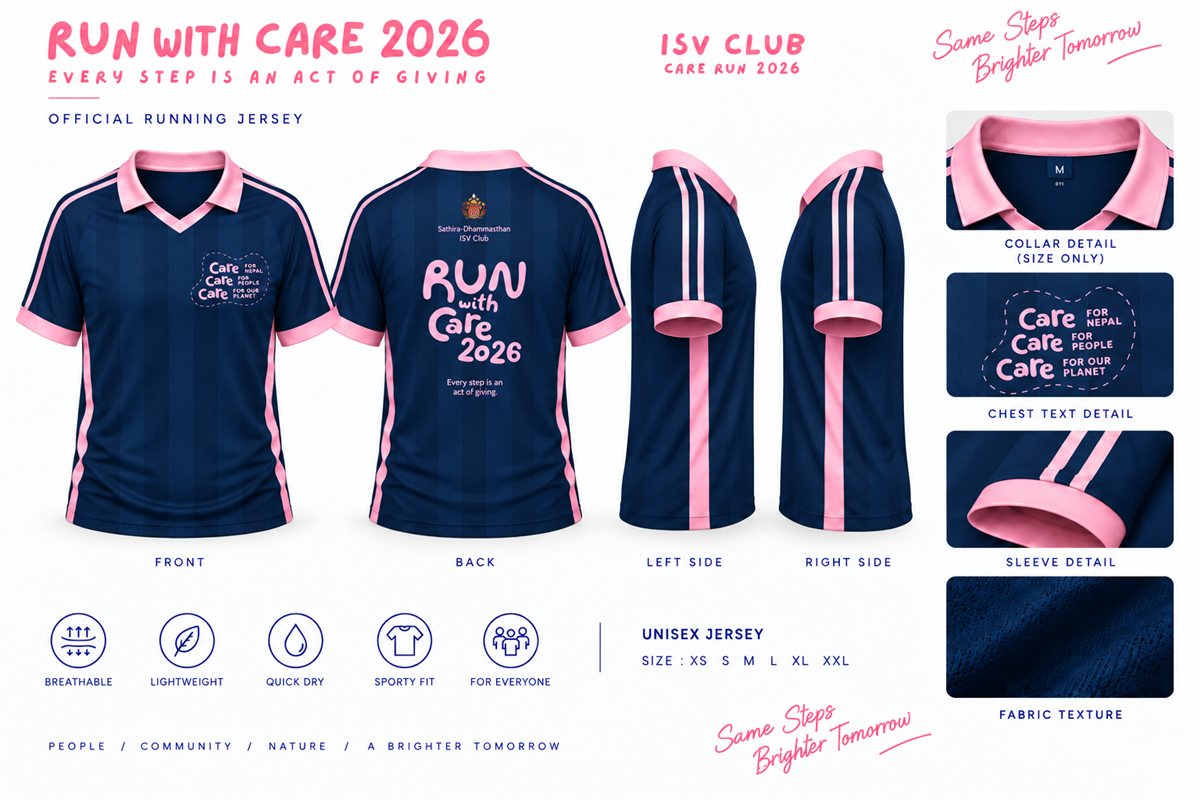 RUN WITH CARE 2026 official ISV Club running jersey — front, back, left and right side views, plus close-ups of the collar, chest text, sleeve and fabric detail, in navy with pink accent stripes and a “Run with Care 2026” back print; noted as breathable, lightweight, quick dry, sporty fit, unisex
